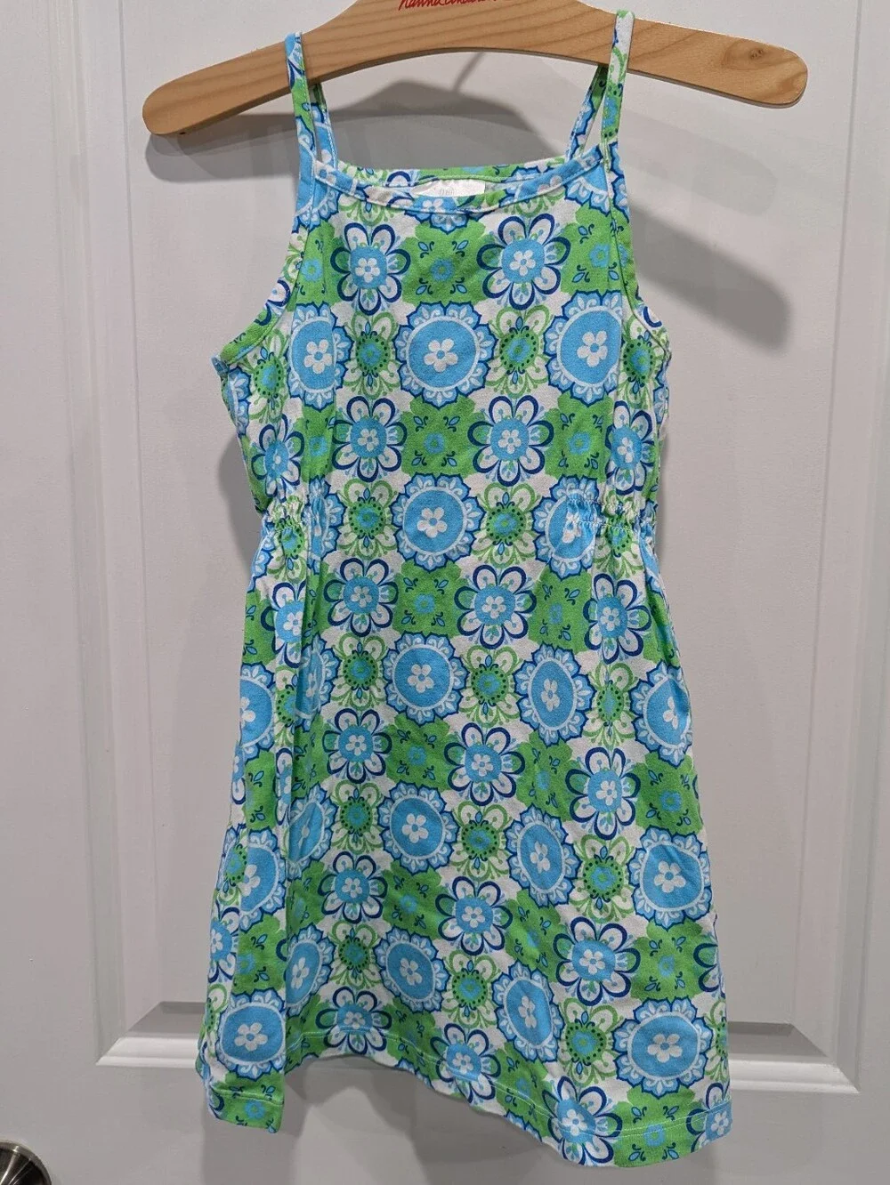 Hanna Andersson Kids Sundress Cotton White Blue Green Geometric Girls 110 5 5T